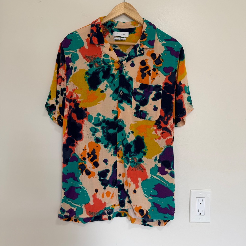 Urban Outfitters Abstract Paint Splatter Camp Shirt Mens M Multi Color Artistic
